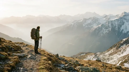 Randonneur contemplant un panorama montagnard avec son sac à dos lors d'un trek de plusieurs jours