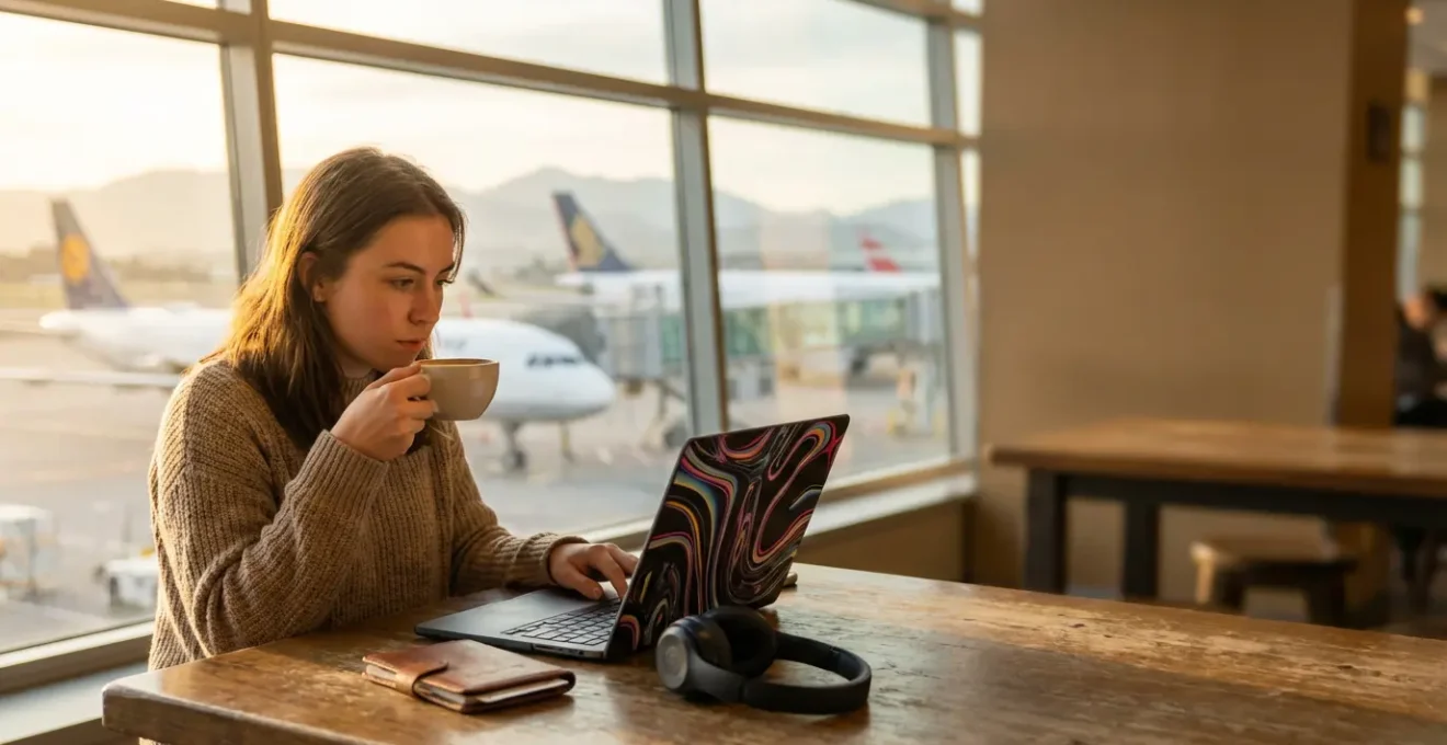 Voyageur consultant son ordinateur portable dans un café d'aéroport avec avions en arrière-plan flou