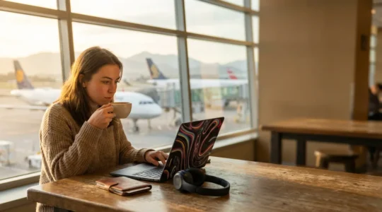 Voyageur consultant son ordinateur portable dans un café d'aéroport avec avions en arrière-plan flou