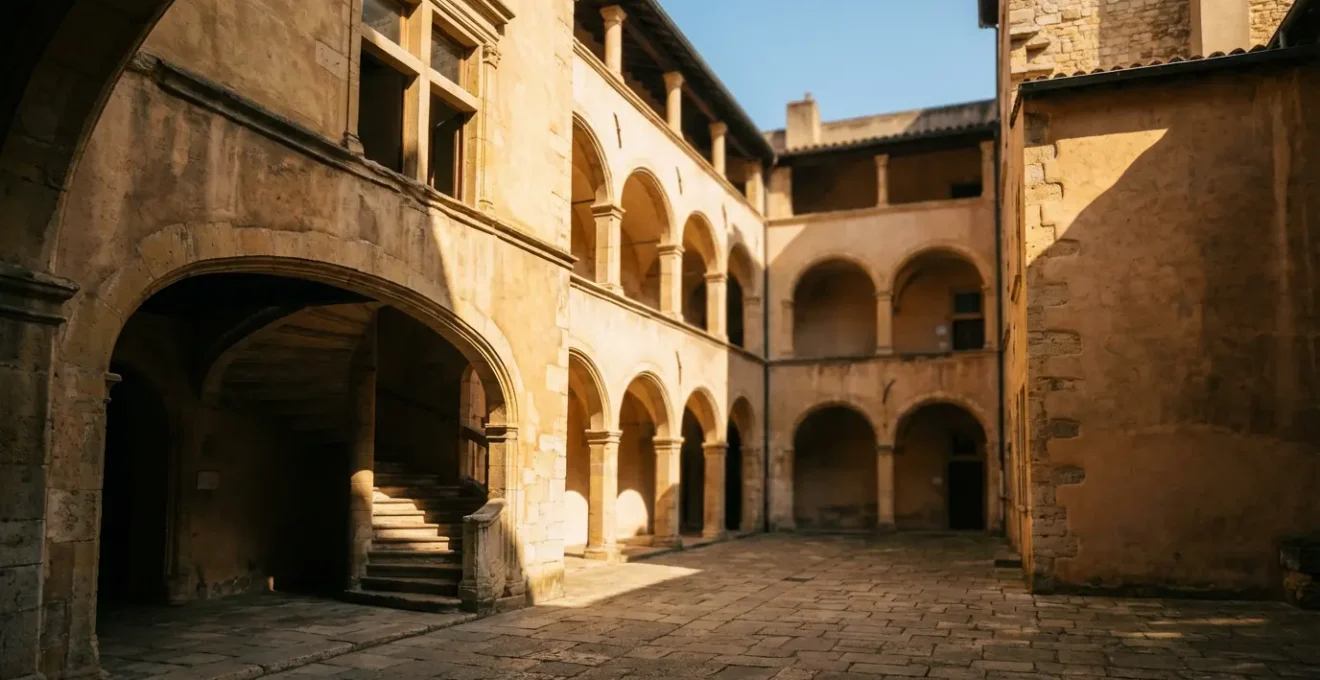 Vue d'une cour Renaissance du Vieux-Lyon baignée de lumière dorée d'après-midi avec galeries italiennes et escalier à vis