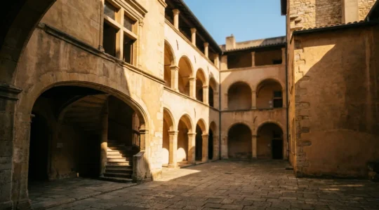 Vue d'une cour Renaissance du Vieux-Lyon baignée de lumière dorée d'après-midi avec galeries italiennes et escalier à vis