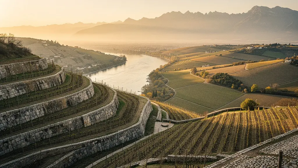 Vue panoramique contrastée des vignobles de la vallée du Rhône avec terrasses escarpées au nord et plaines ensoleillées au sud
