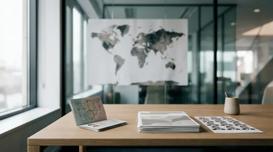 Bureau administratif moderne avec passeport et documents de visa, lumière naturelle sur surface épurée