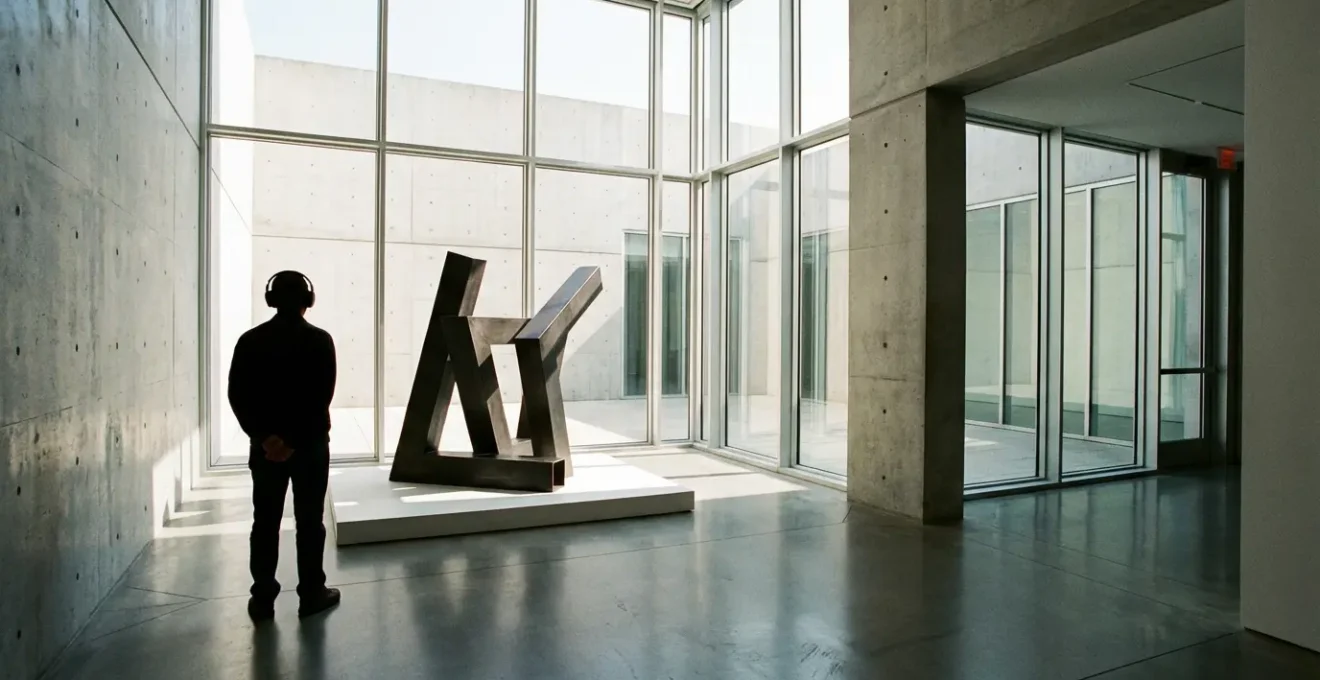 Visiteur contemplant une œuvre d'art moderne dans un musée lumineux, casque audio sur les oreilles