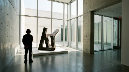 Visiteur contemplant une œuvre d'art moderne dans un musée lumineux, casque audio sur les oreilles