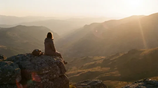 Femme contemplative assise seule sur un rocher face à un panorama montagneux au coucher du soleil, symbolisant la quête d'inspiration et le ressourcement