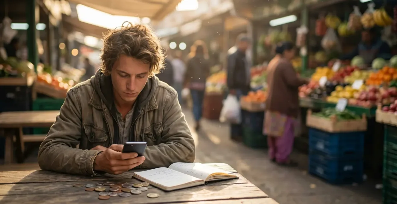 Un voyageur planifiant son budget dans un café de rue local avec vue sur une ville animée