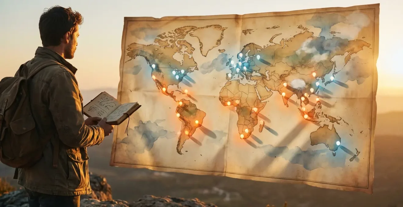 Voyageur contemplant une carte du monde avec des destinations marquées, entre calculs budgétaires et prévisions météo