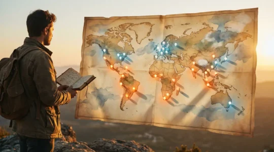 Voyageur contemplant une carte du monde avec des destinations marquées, entre calculs budgétaires et prévisions météo