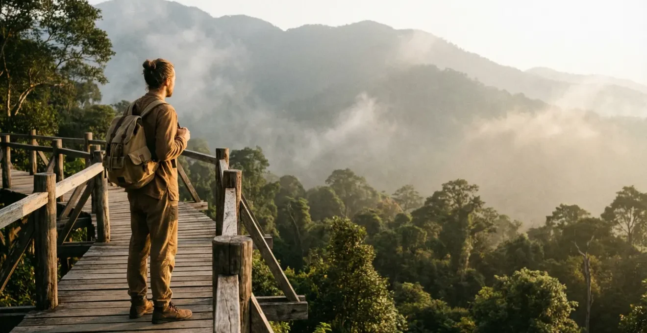 Voyageur contemplant un paysage montagneux avec des sentiers naturels préservés